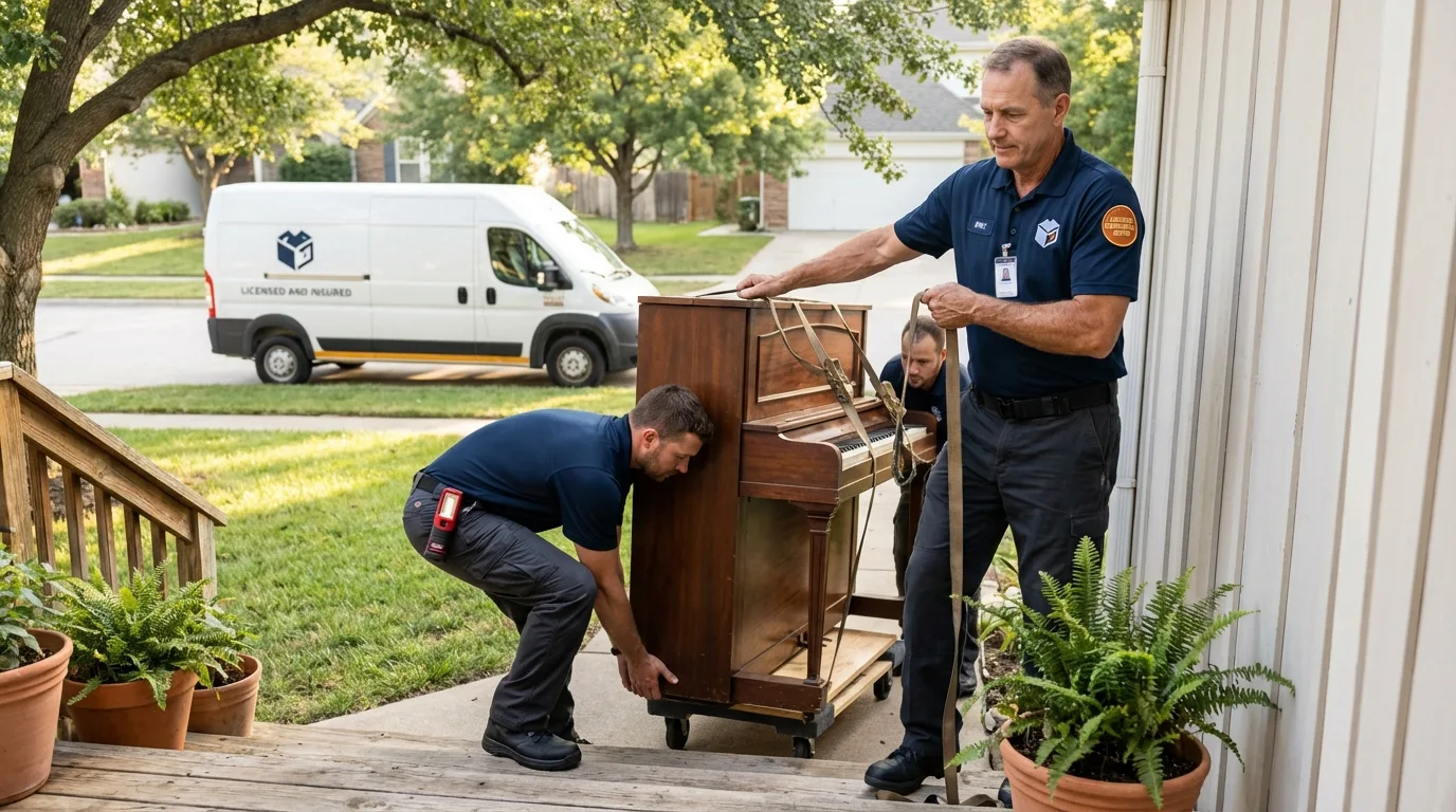 Licensed piano movers securing grand piano in Kerhonkson, NY
