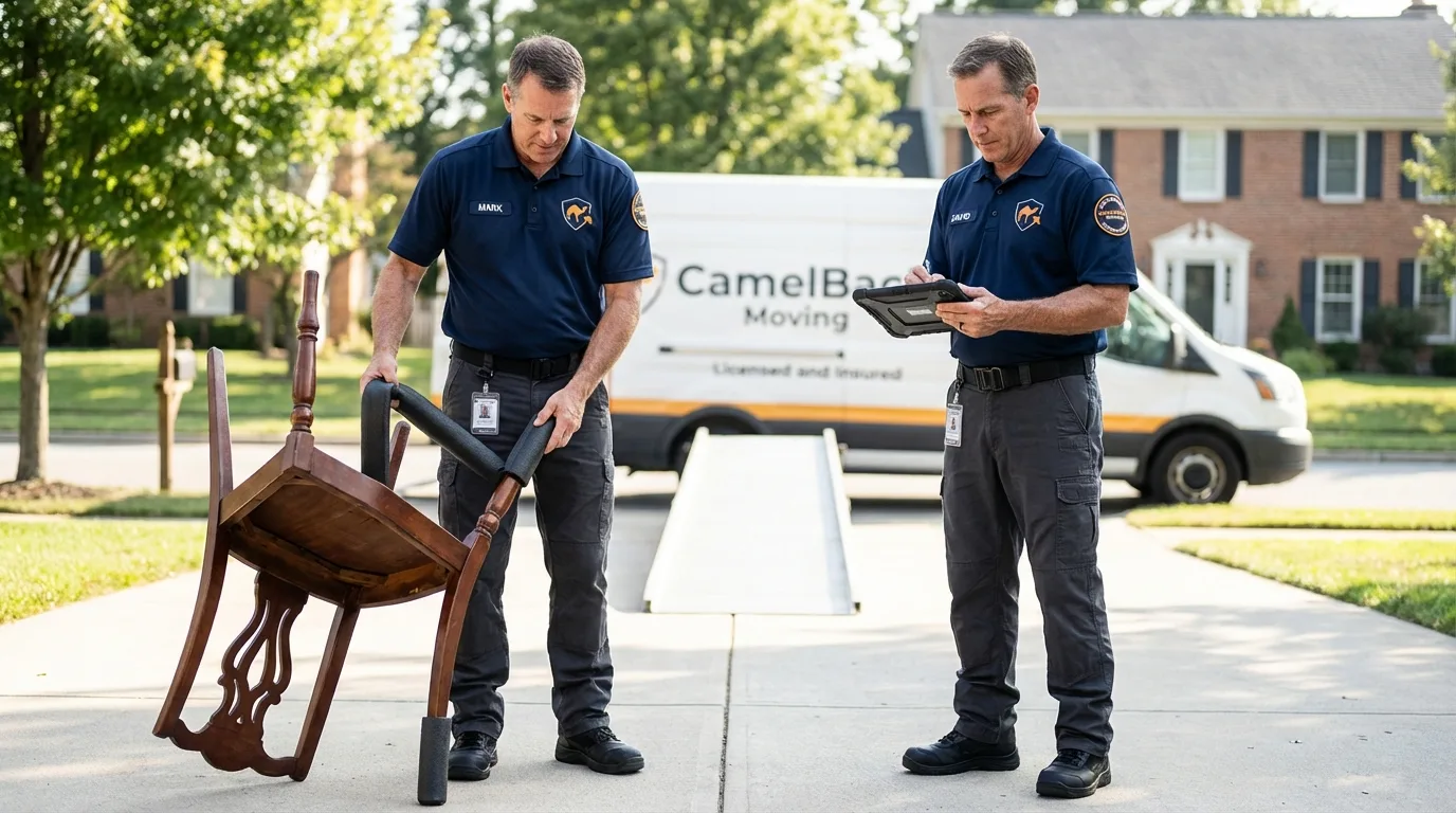 Movers inspecting furniture for damage prevention before loading in Kerhonkson, NY