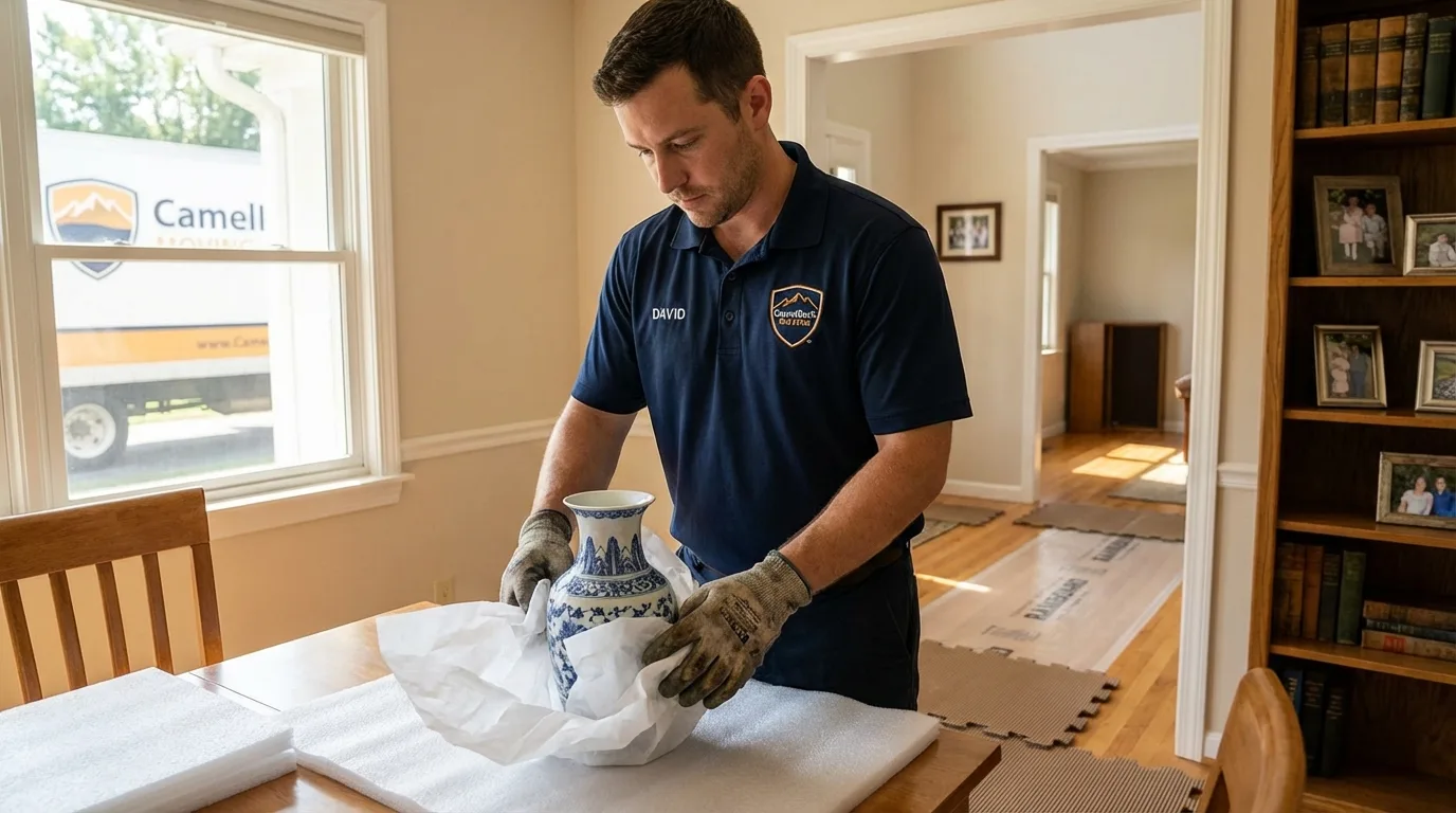Professional crew carefully wrapping antique vase for senior downsizing move in Kerhonkson, NY